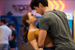 Jacob Elordi and Joey King in The Kissing Booth, showing their chemistry on-screen.